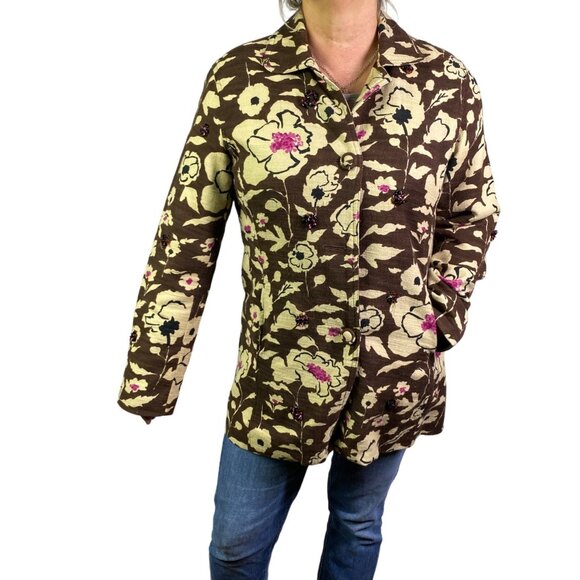 Chicos Womens Floral Embellished Jacket Statement knit Brown Pink spring large - Picture 2 of 11